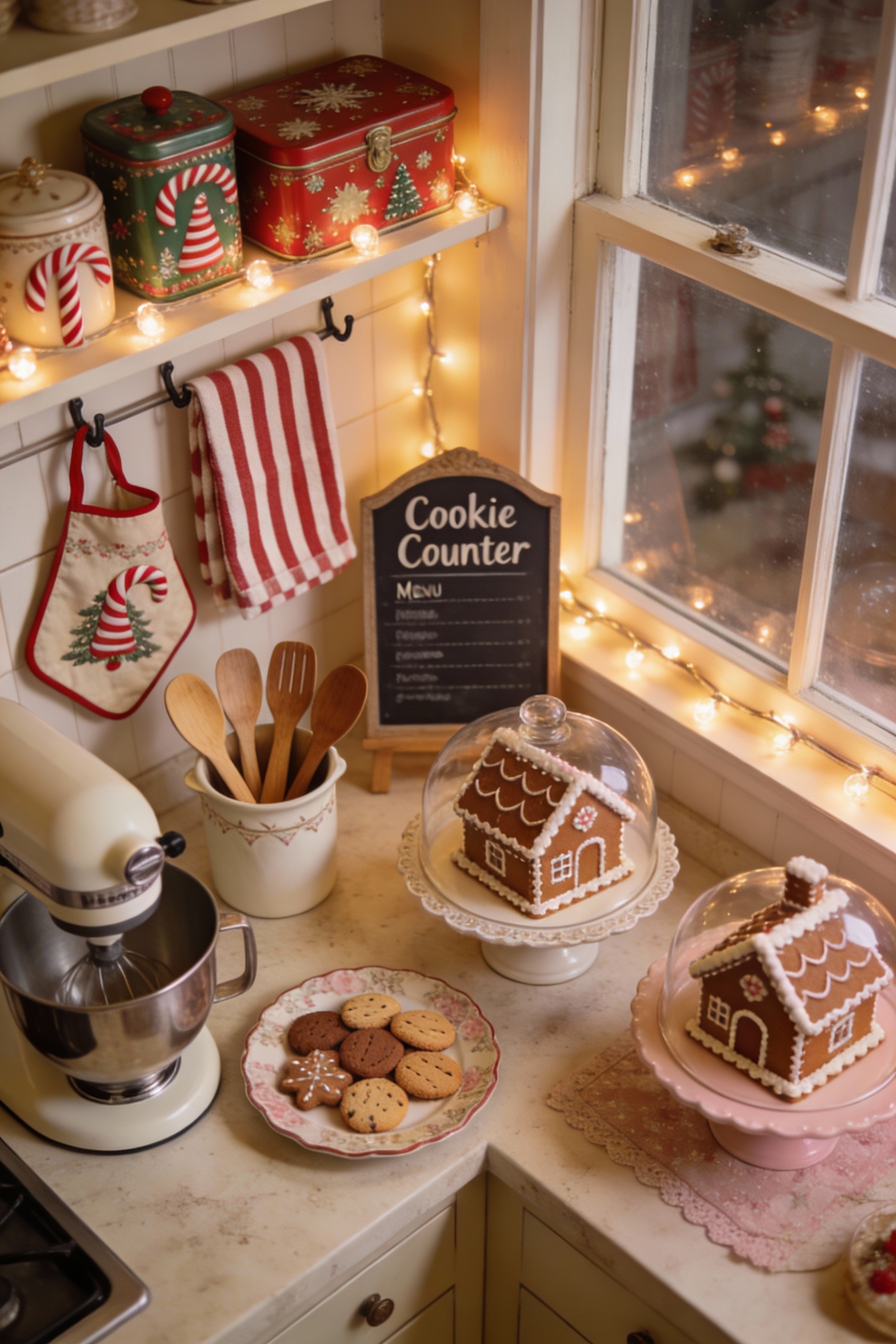 Overhead photorealistic vintage gingerbread bakery kitchen countertop scene: a styled “baking set” with a stand mixer, c