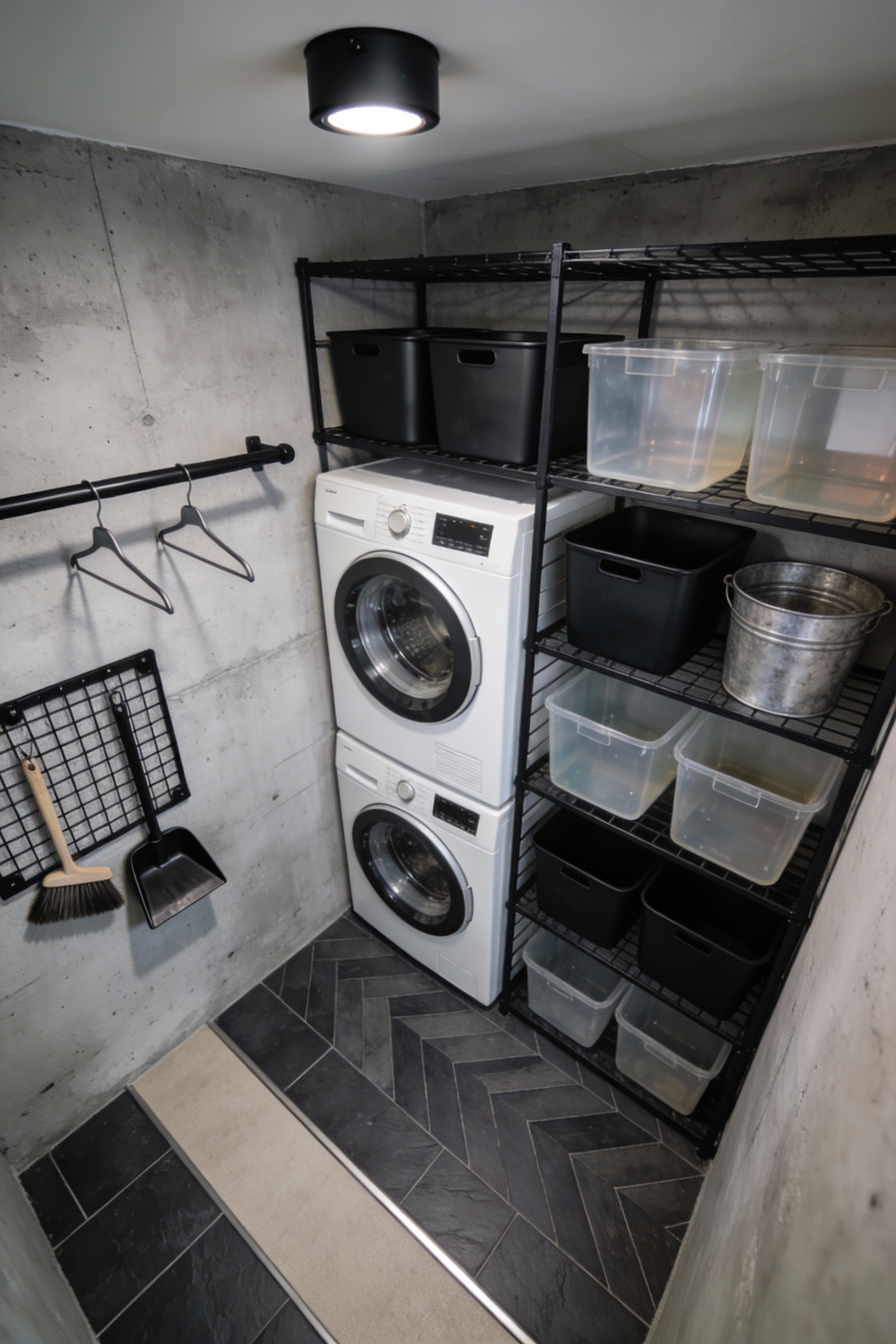 Wide industrial urban mini-laundry photorealistic shot from a slightly overhead corner perspective: stackable washer/dry