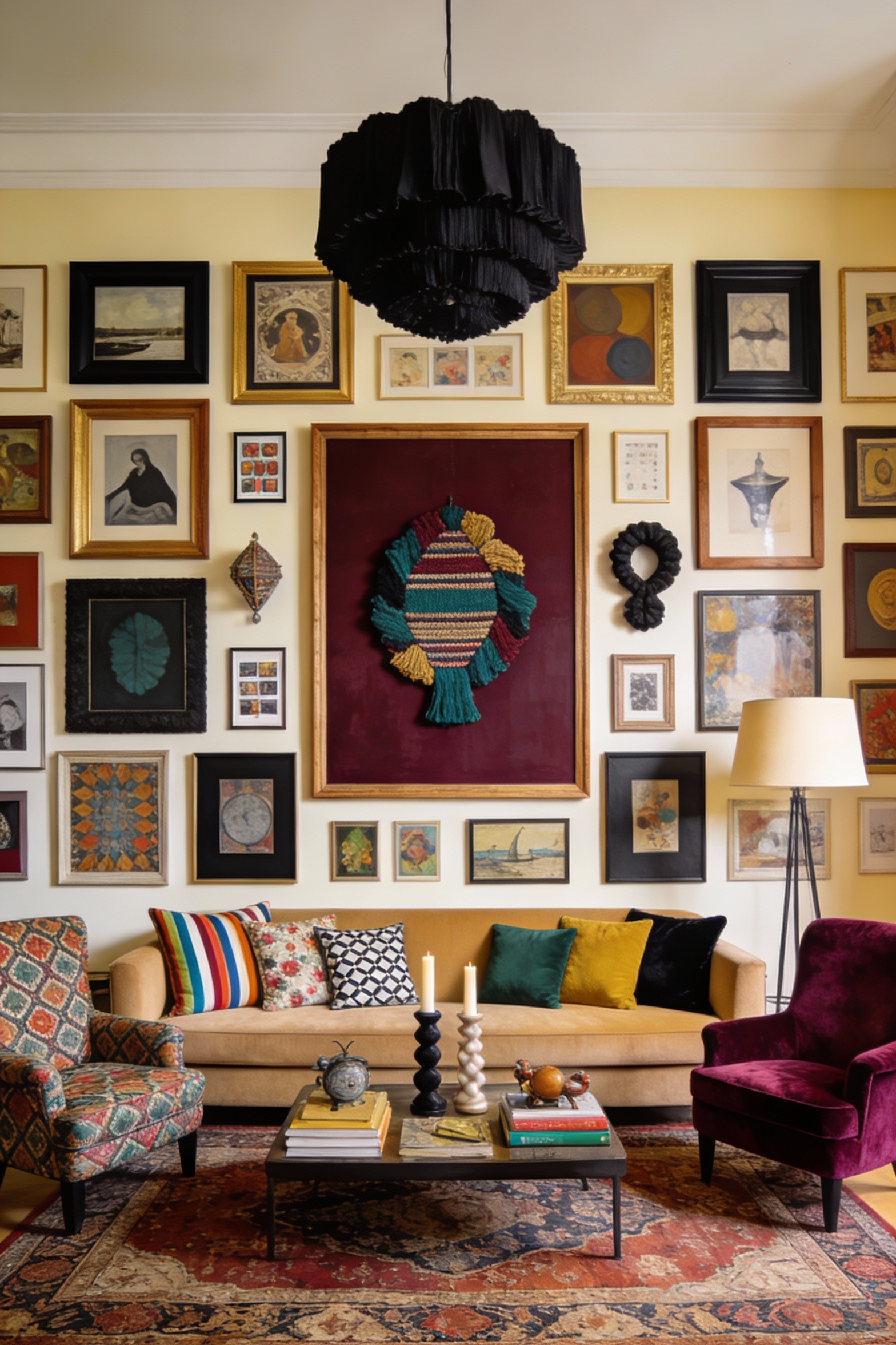 4. Straight-on wide shot of a maximalist art collector’s gallery living room: warm cream or butter-beige base with deep 