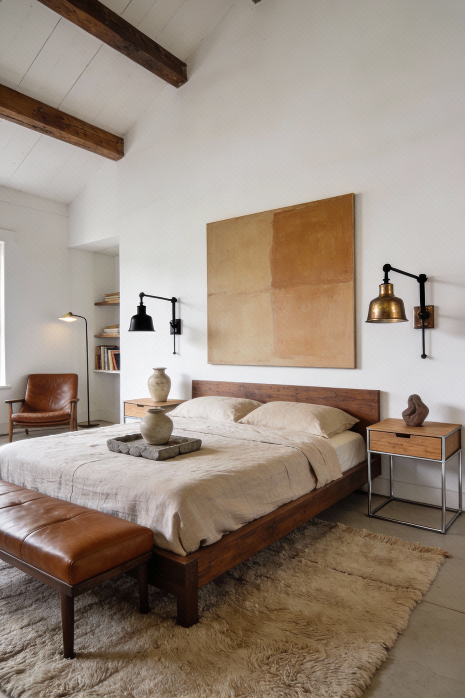 4. Wide photorealistic modern rustic farmhouse loft bedroom, low corner angle emphasizing materials: white walls, rich w