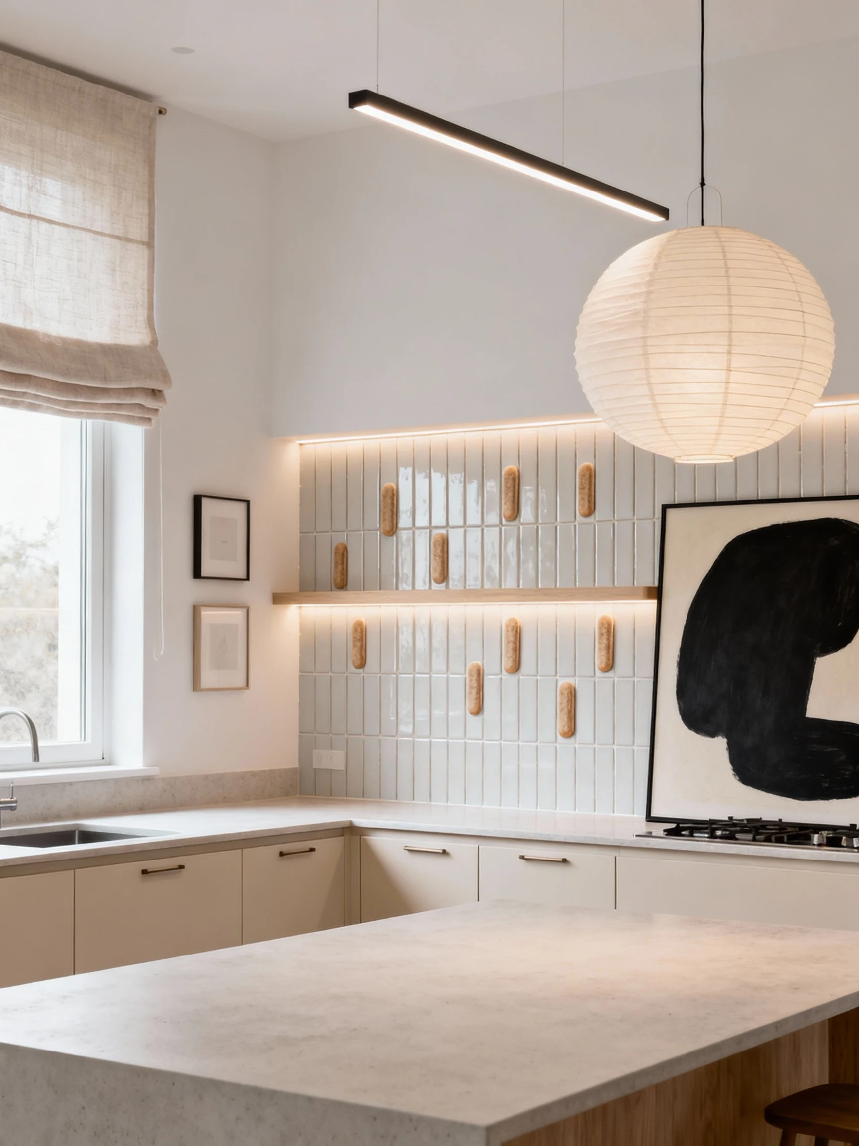 Medium photorealistic shot of a minimal Scandinavian gallery kitchen focused on the backsplash: vertical KitKat finger t