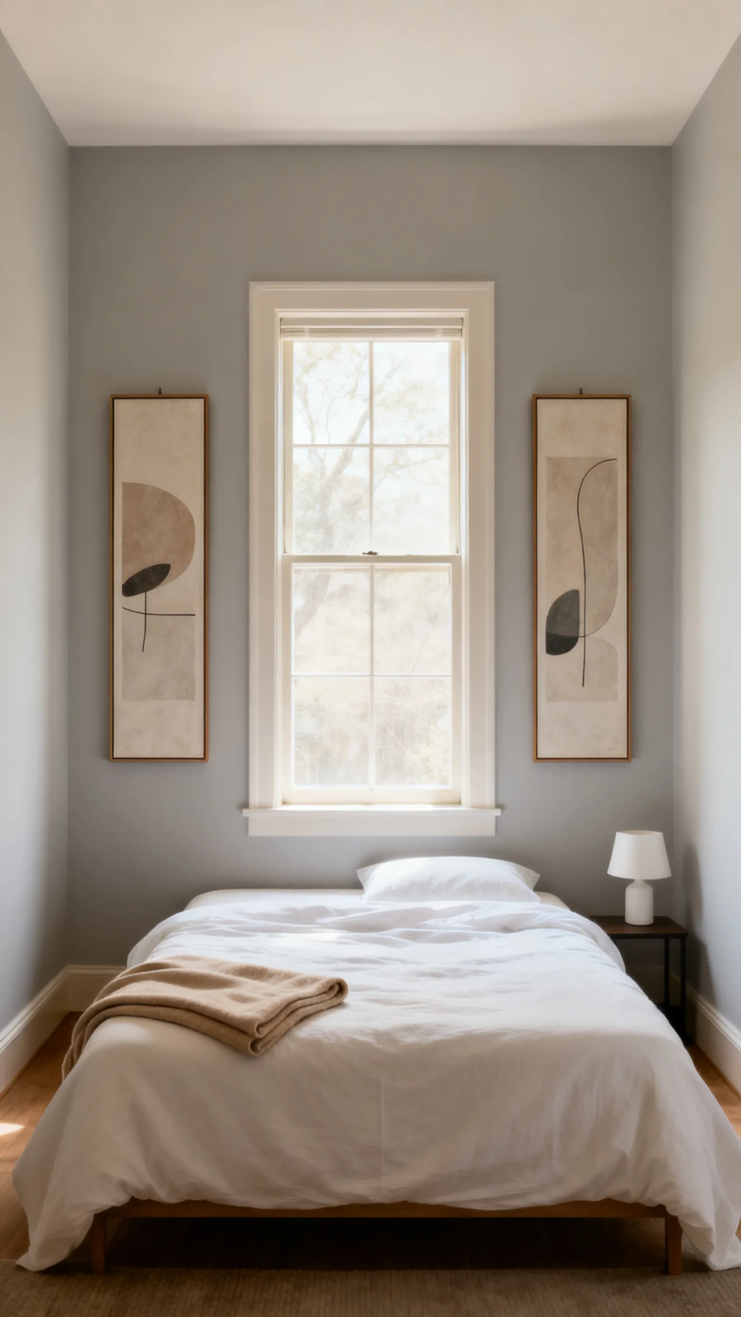 Pair Two Vertical Prints Beside A Bed
