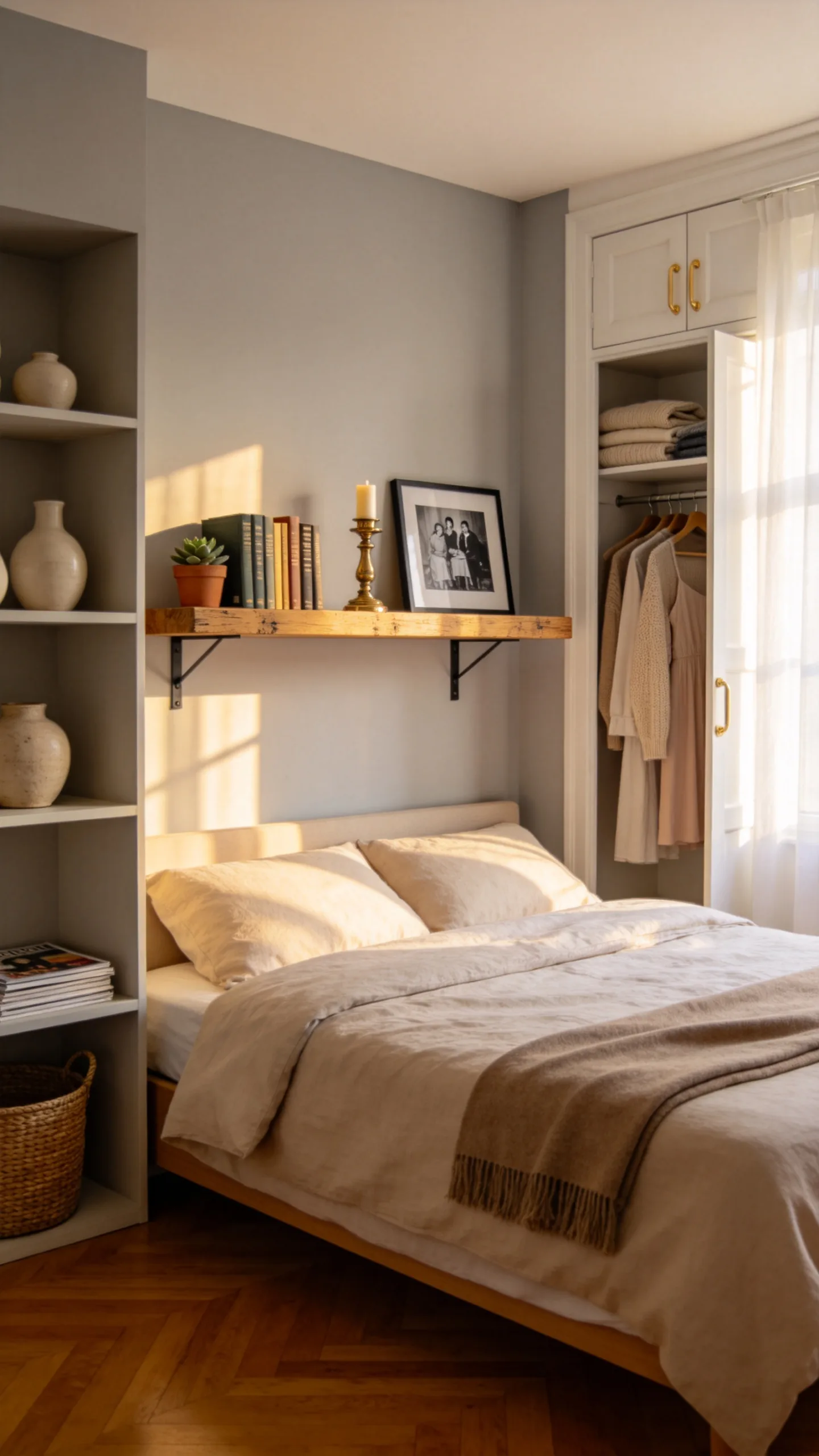 1. Floating Oak Ledges Above the Bed