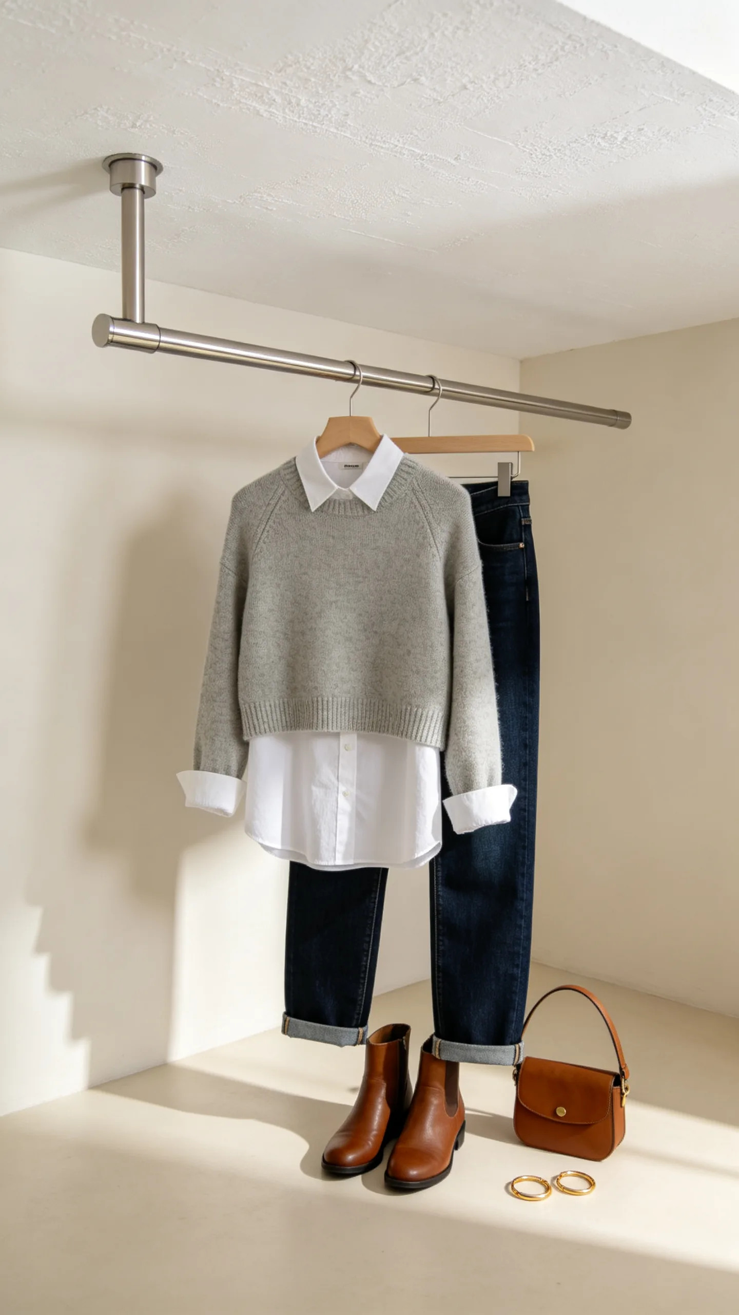 2. Hang a Ceiling-Mounted Clothes Rail to Save Floor Space