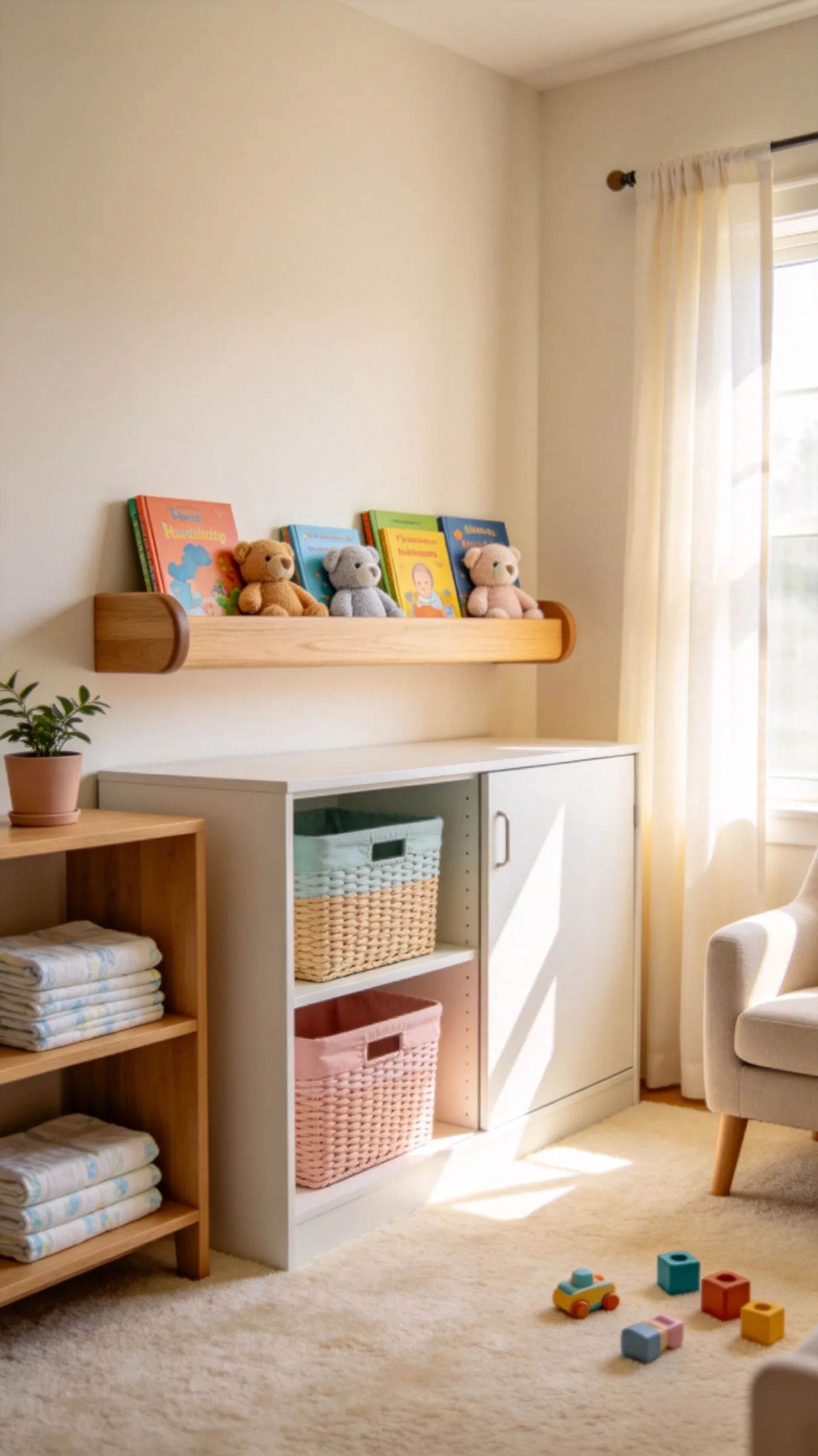 2. Low-Profile Wooden Front-Facing Ledges on the Nursery Wall