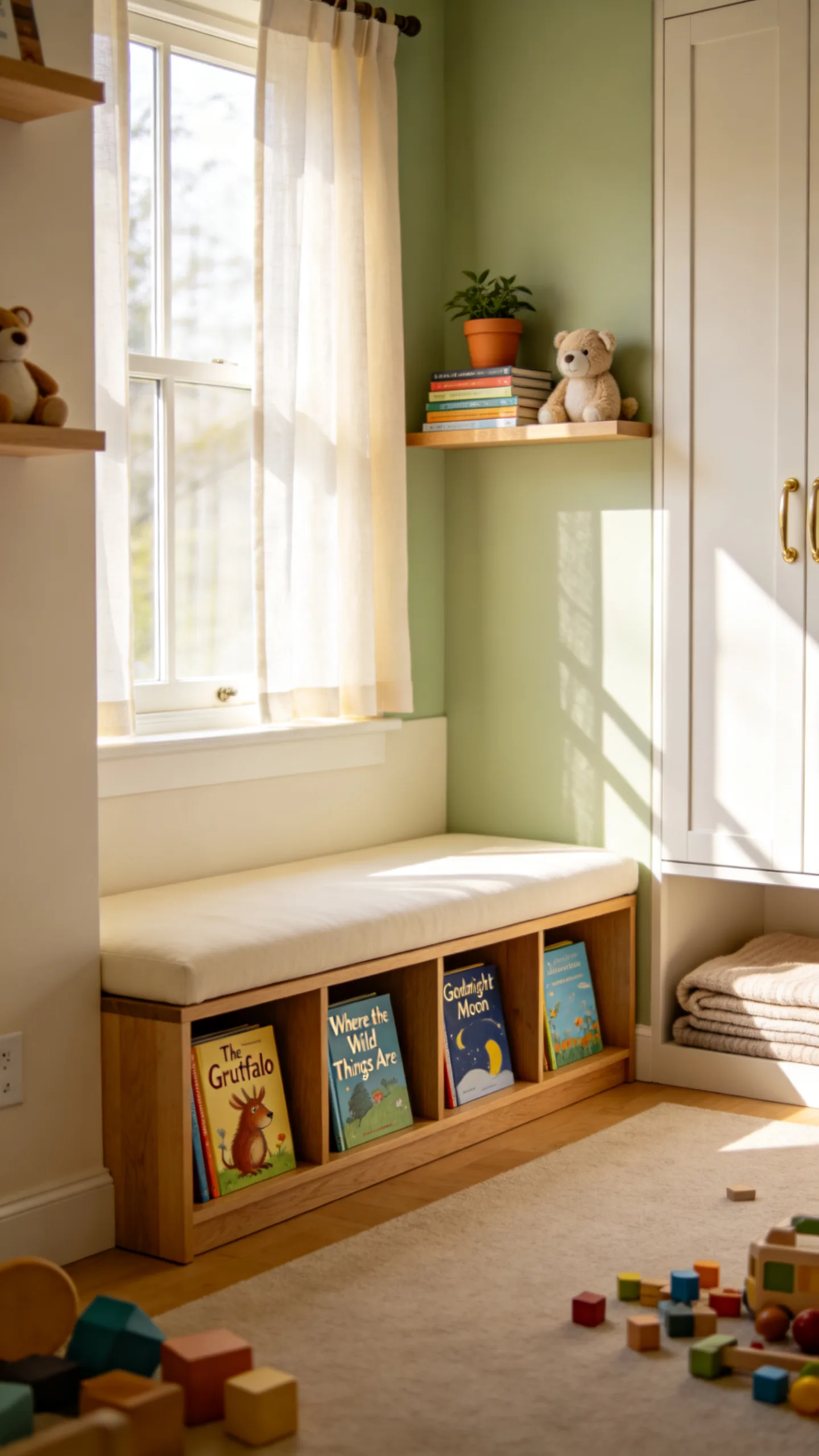 4. Under-Window Bench with Integrated Book Cubbies