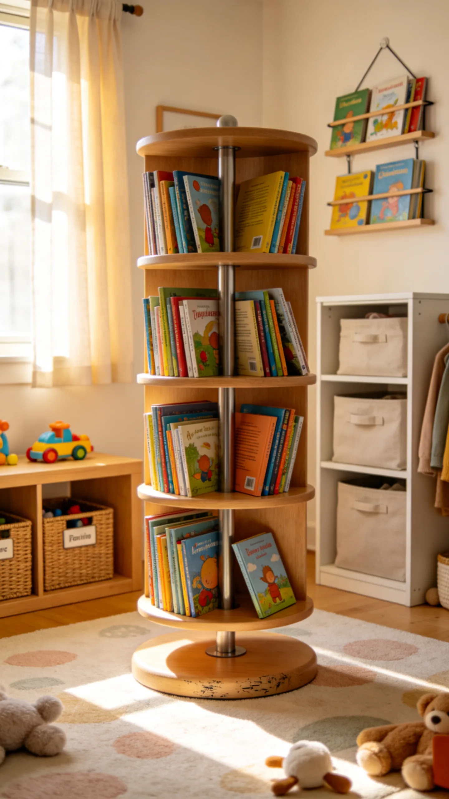 6. A Rotating Wooden Book Tower for Small Playrooms