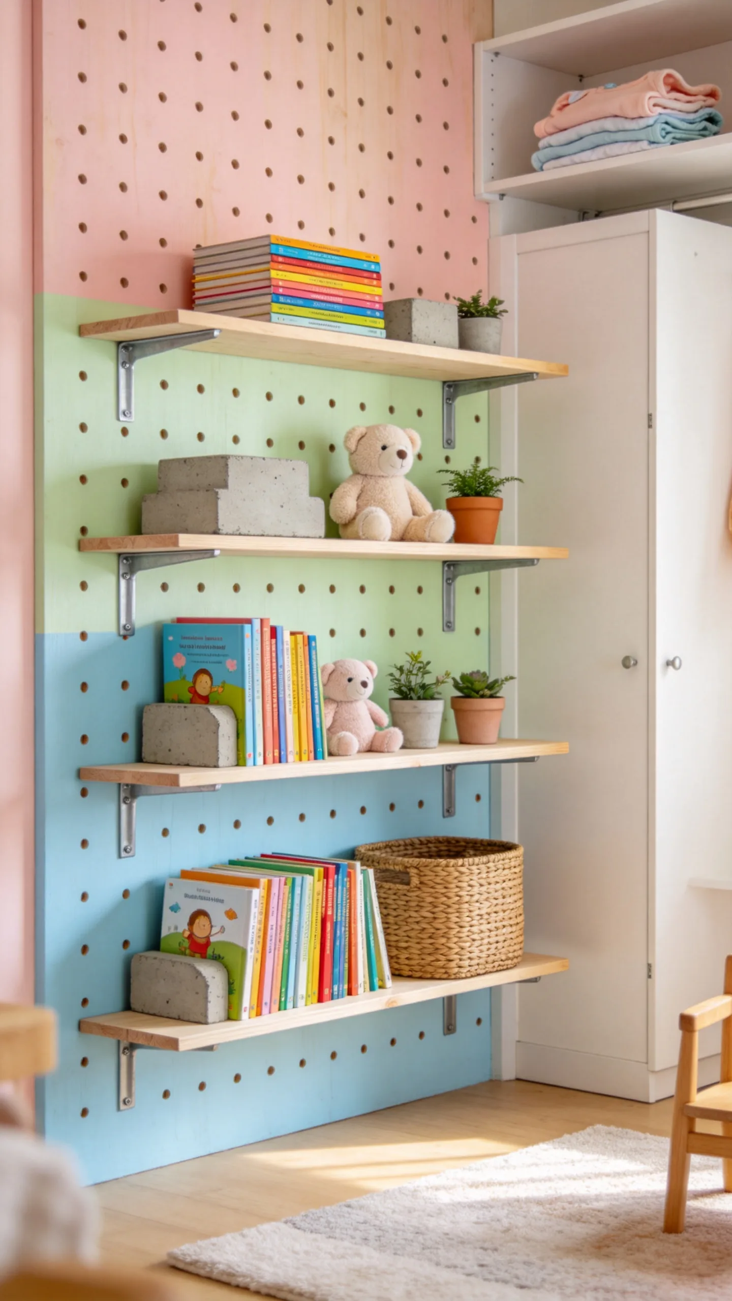 7. Pastel-Painted Pegboard Shelving for Customizable Height