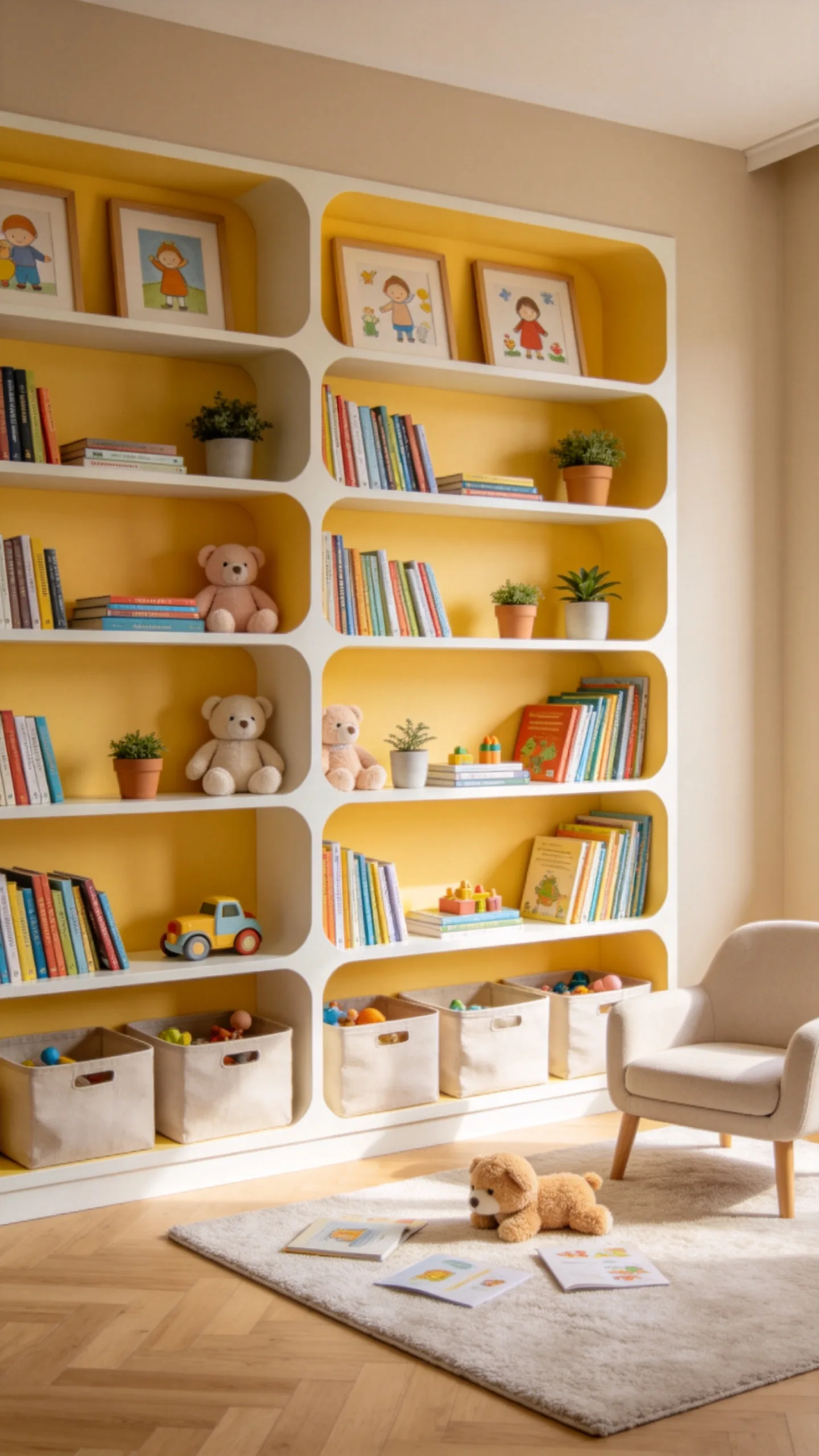8. Floor-to-Ceiling Built-In Shelves with Pop-of-Color Backing