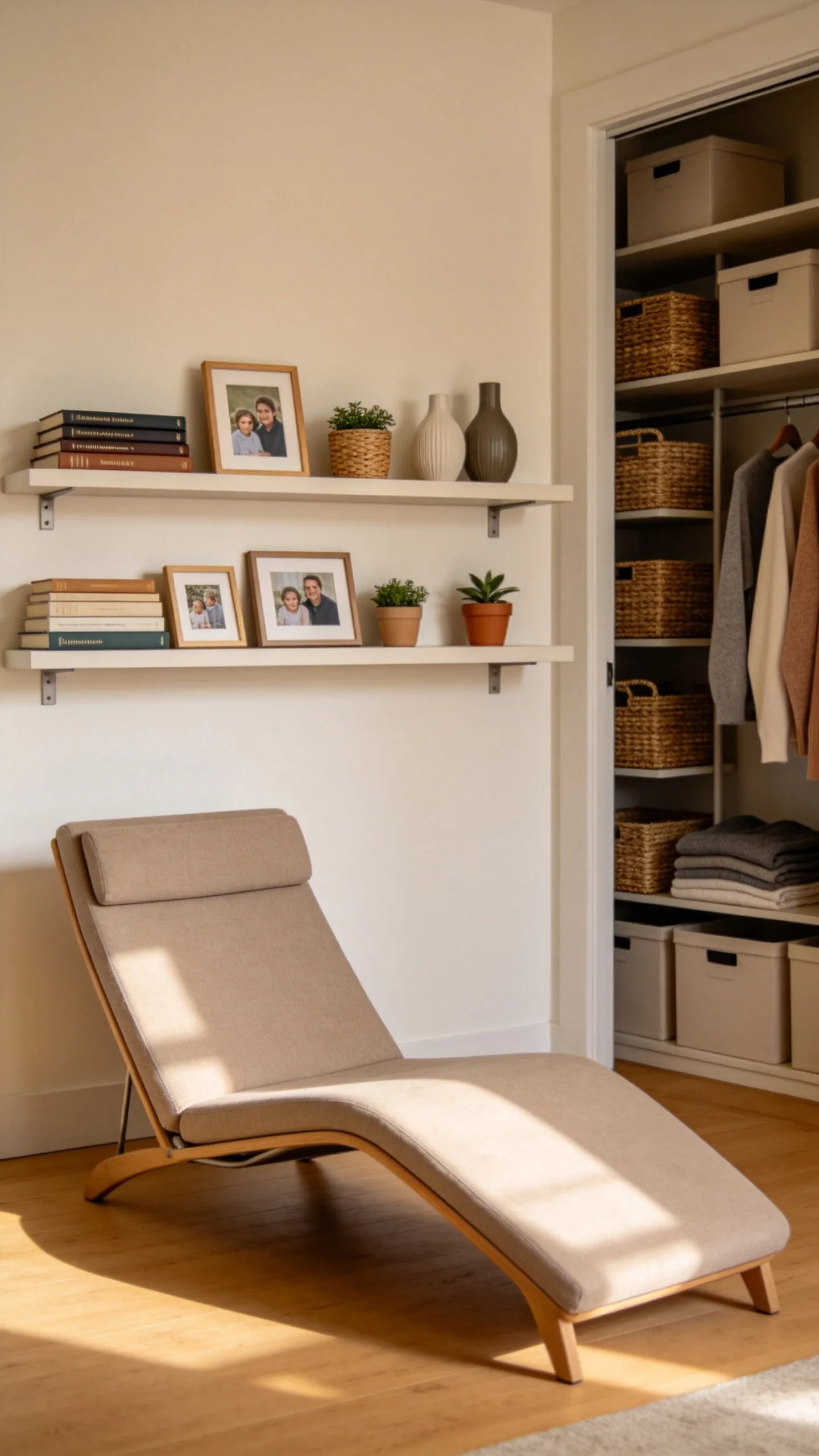 8. Low-Profile Picture Ledges Behind a Lounge Chair