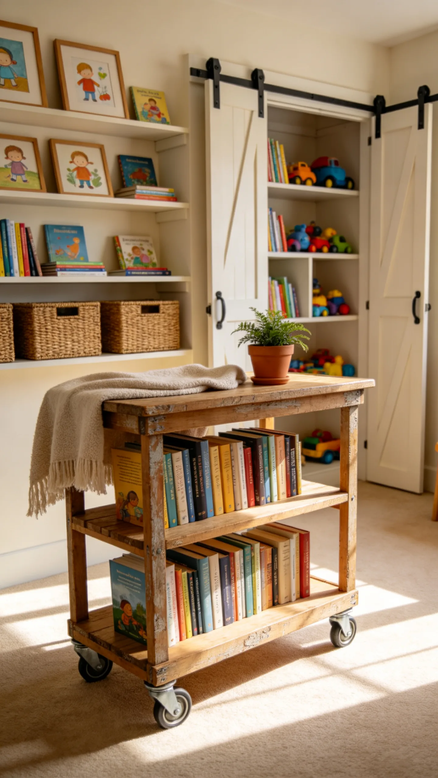 9. Rolling Wooden Book Cart for Portable Reading Stations