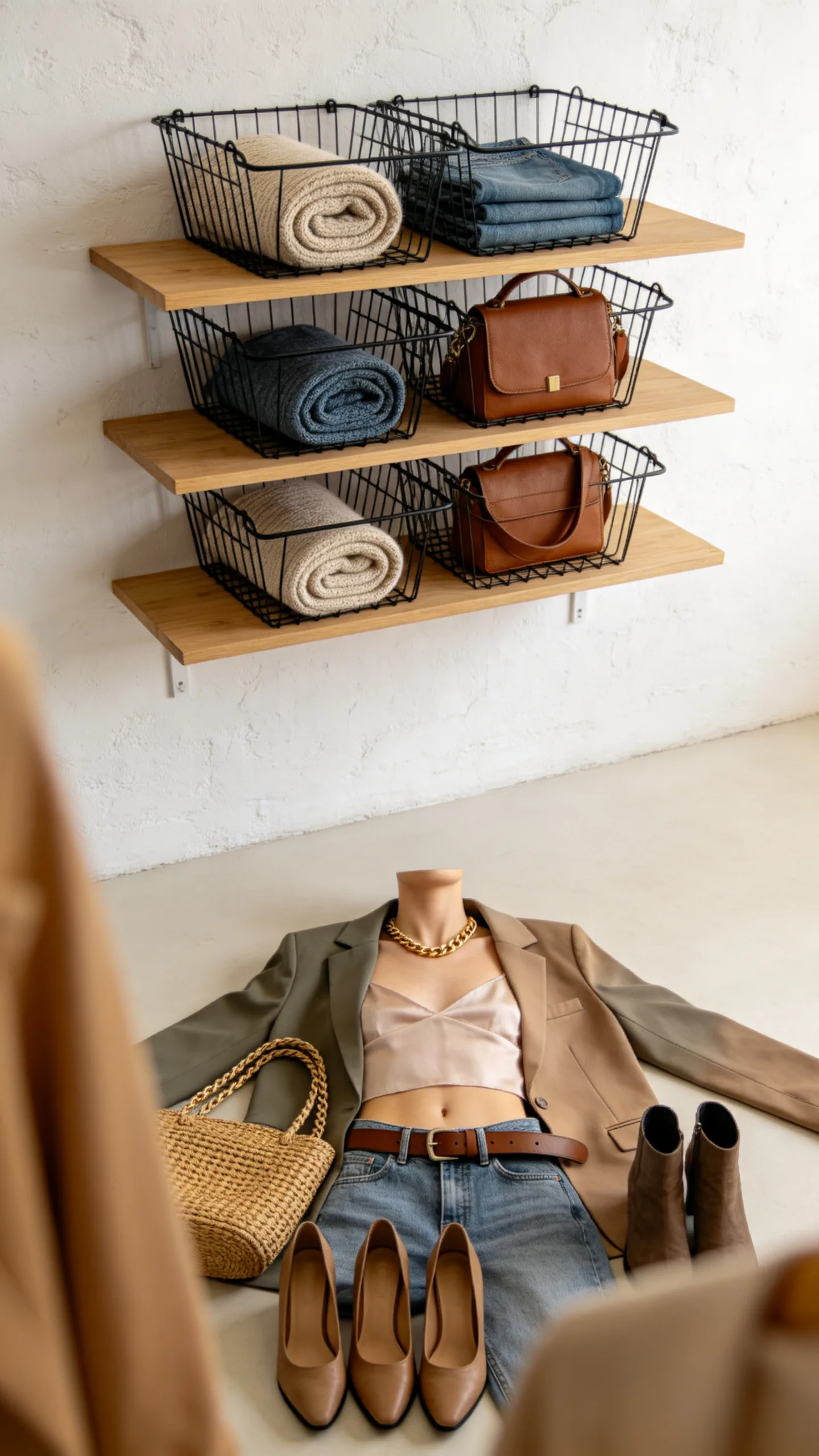 10. Stack Wire Baskets on Floating Ledges for Shoe and Bag Storage