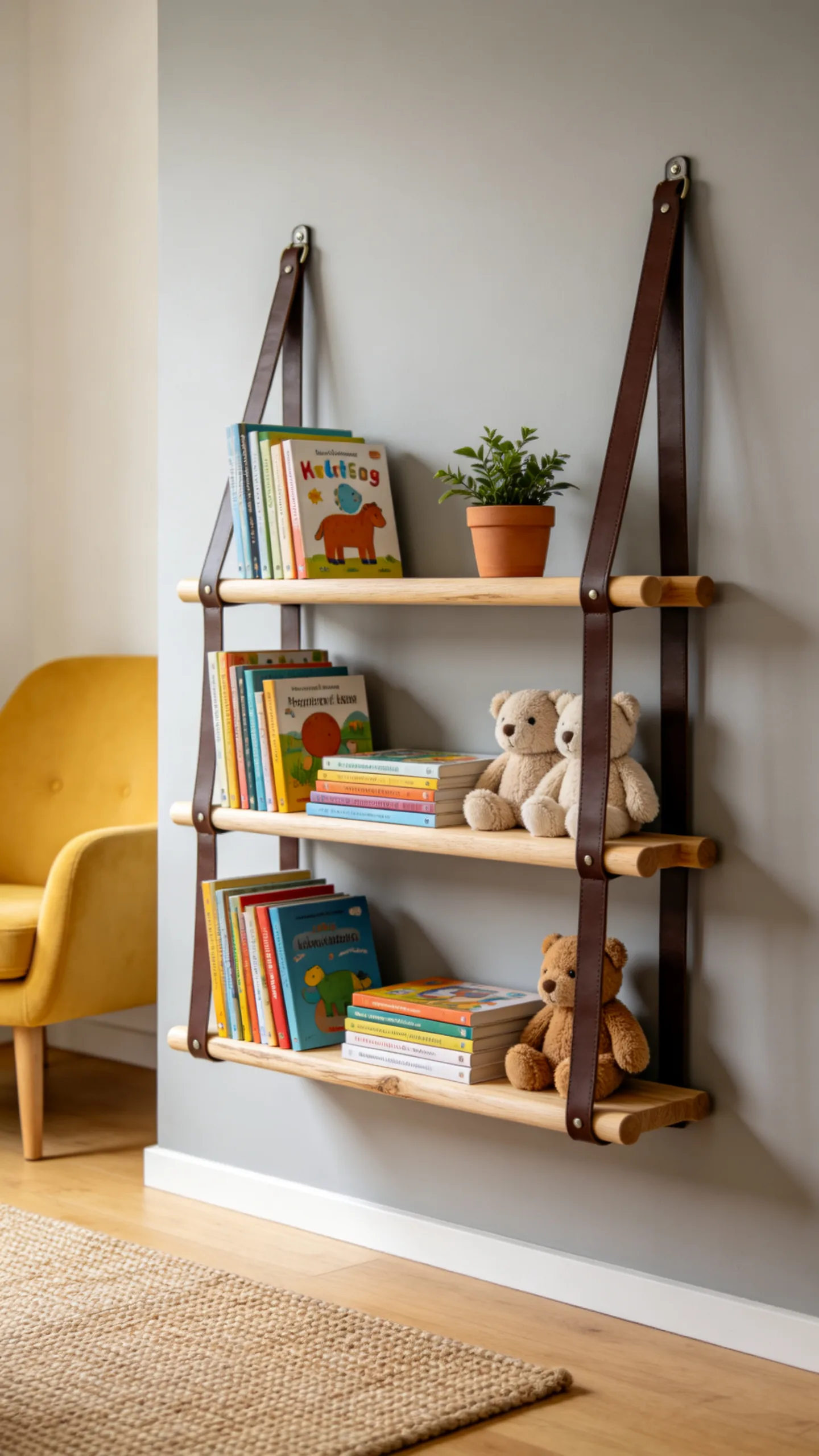 11. Minimalist Leather Strap and Wood Dowel Sling Shelves