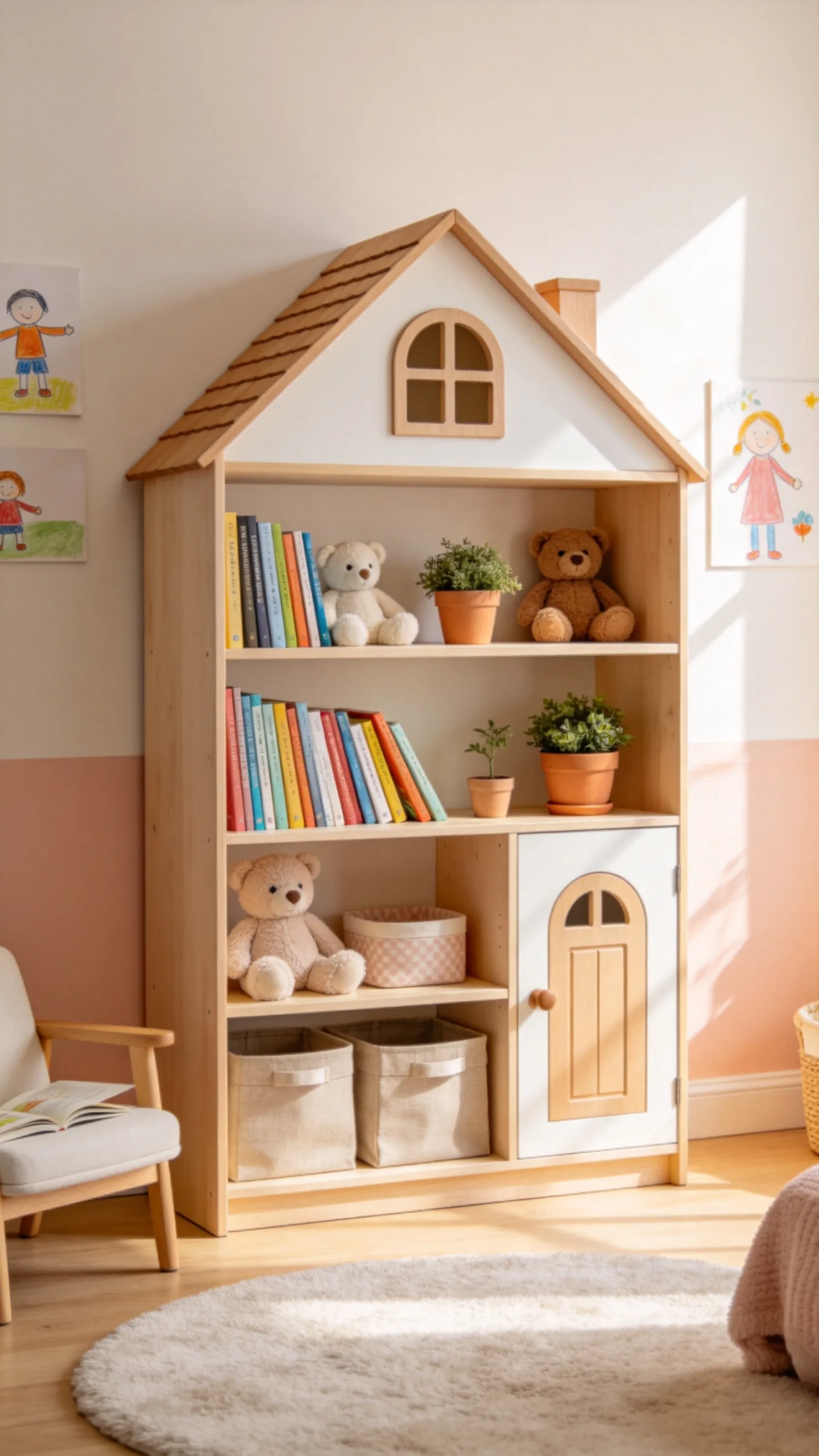 12. A House-Shaped Bookcase for Playful Architectural Interest