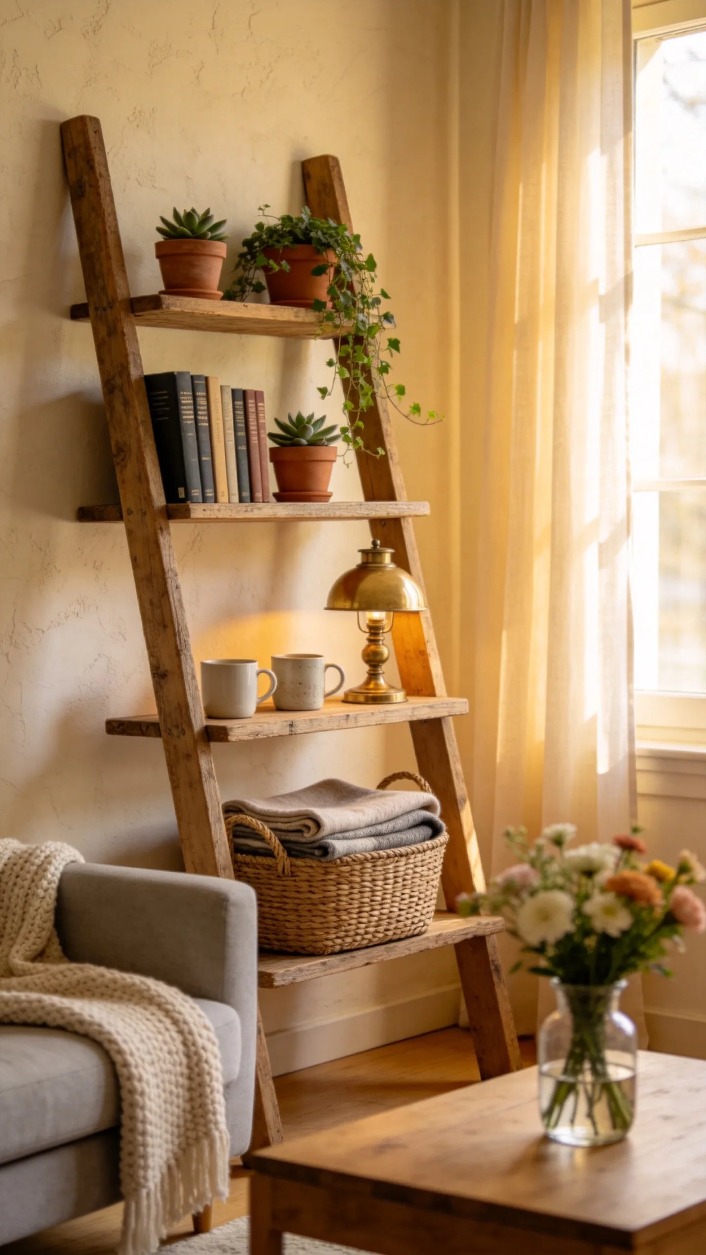 13. Ladder-Style Wall-Leaning Shelves