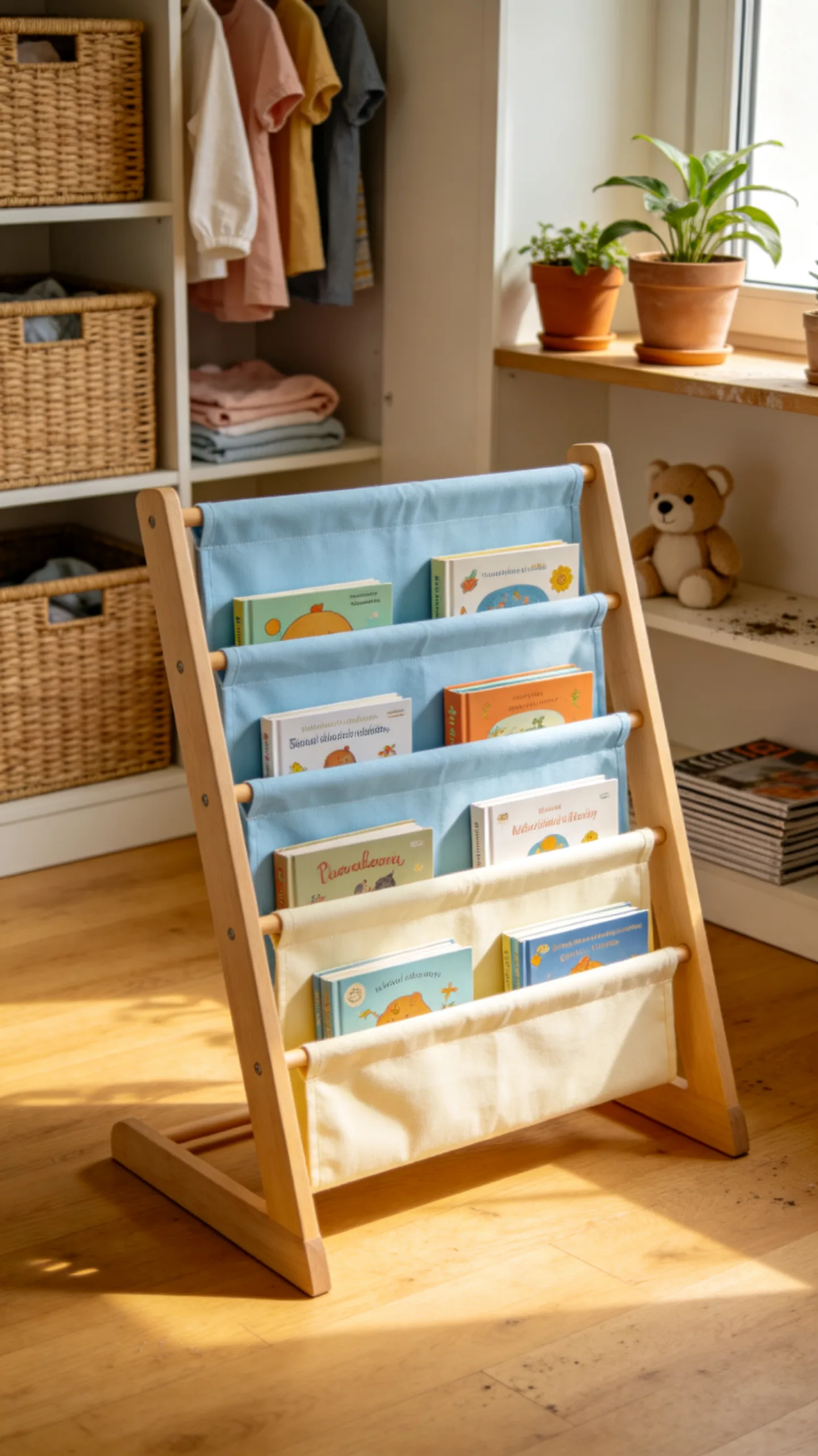 14. An A-Frame Book Display Stand with Fabric Slings