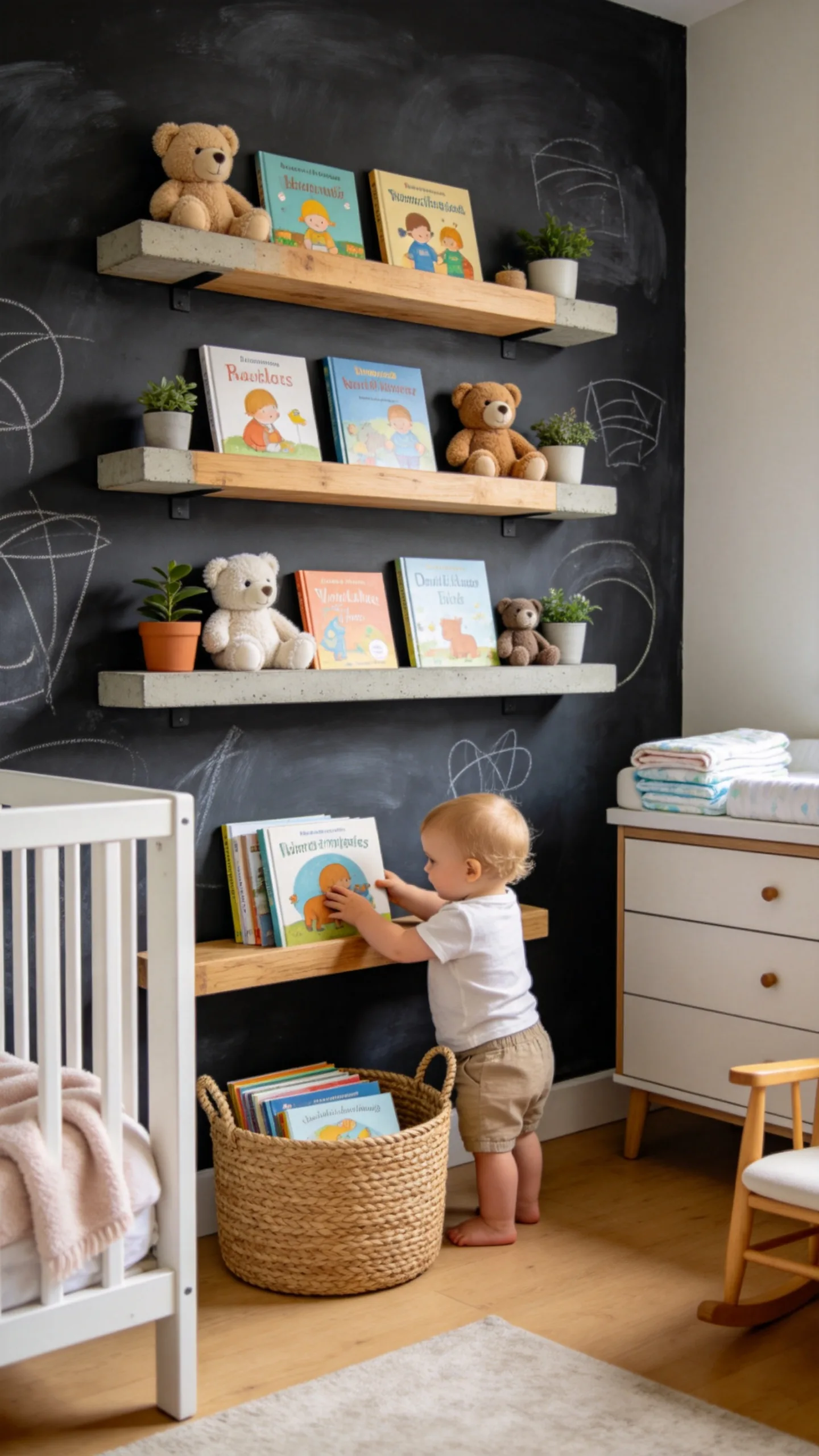14. Chalkboard Paint Backed Nursery Wall Shelves
