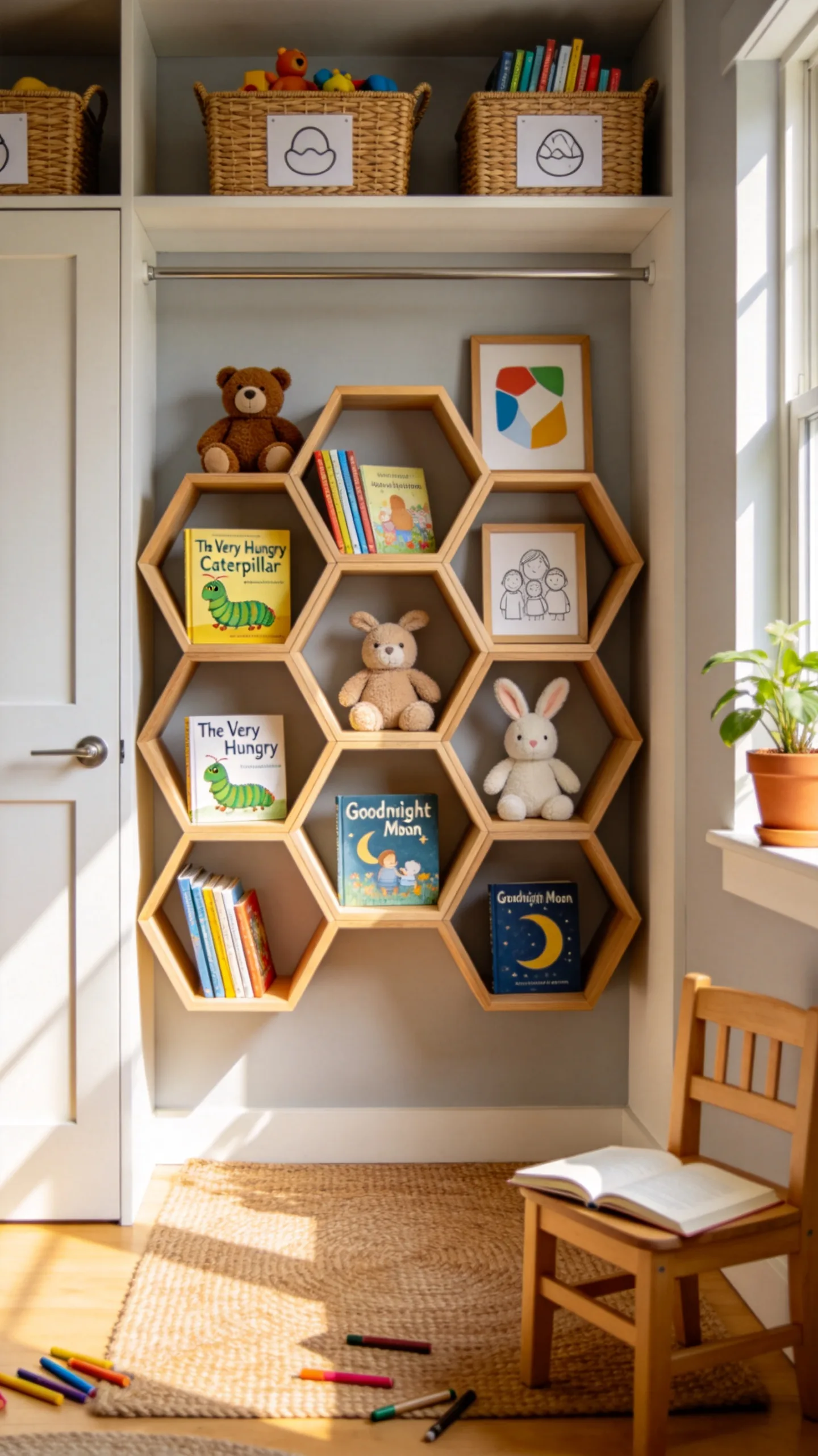 15. Geometric Honeycomb Hexagon Shelves for Creative Collages
